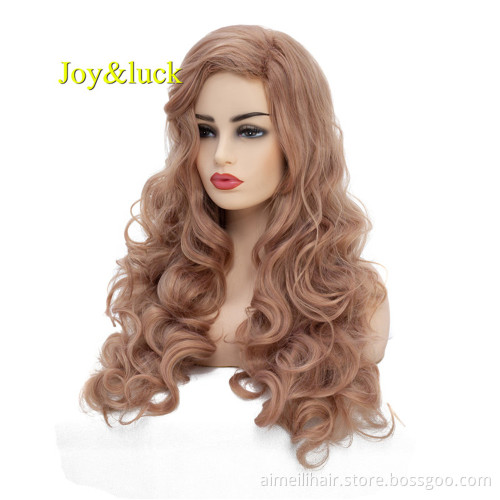 Long Rose Gold Color Natural Wavy Synthetic Wigs for Women or DIY Curly Wigs for Women Wave Hair Style